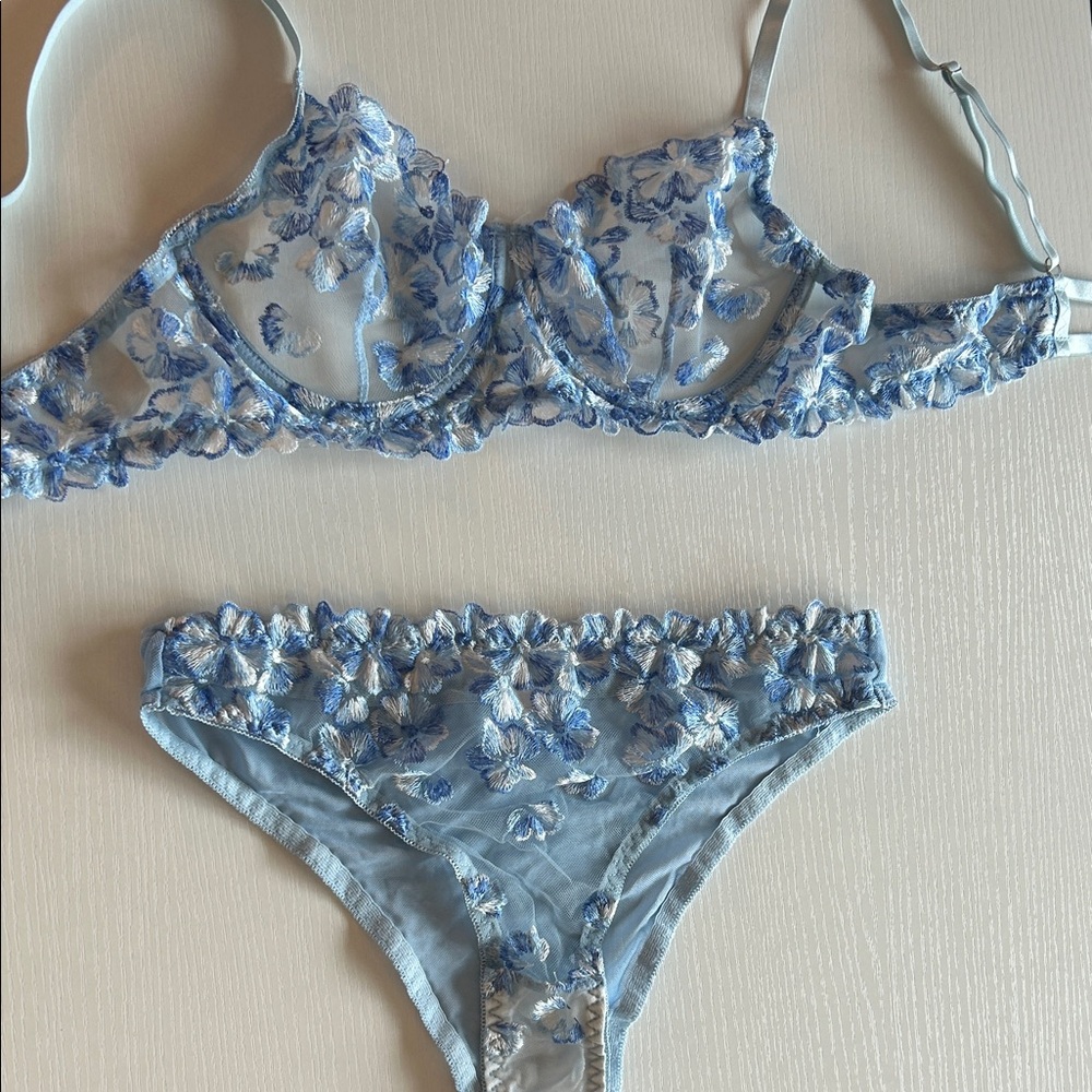 Floral Embroidered Blue Lingerie Set